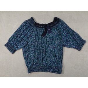 Lucky Brand Womens Blue Short Sleeve Floral Tassel Elastic Waist Blouse Size M